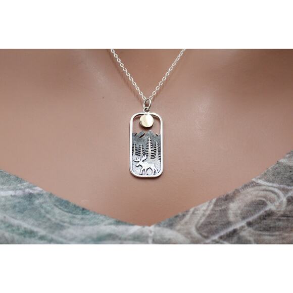 Sterling Silver Rectangle Moose Charm with Bronze Sun Necklace - Picture 1 of 6